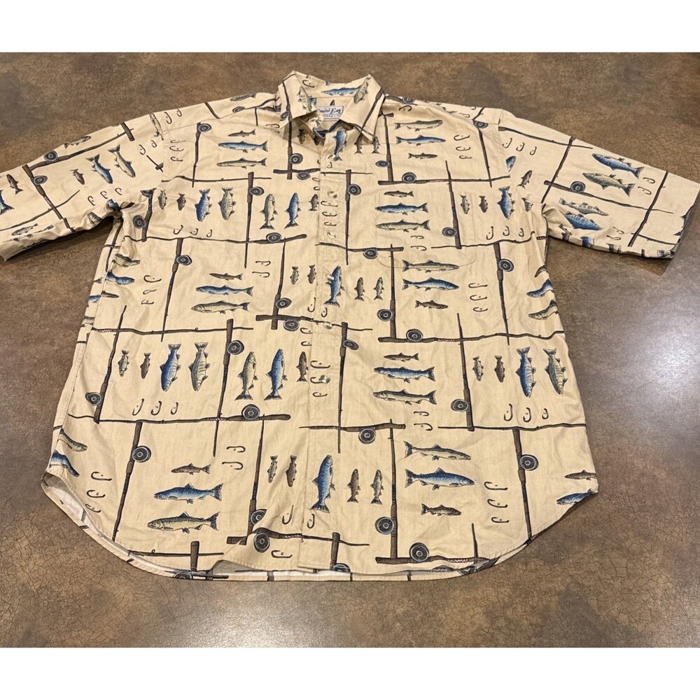 Bimini Bay Outfitters Tan Fishing Shirt Short Sleeve Trout Print Mens Size L